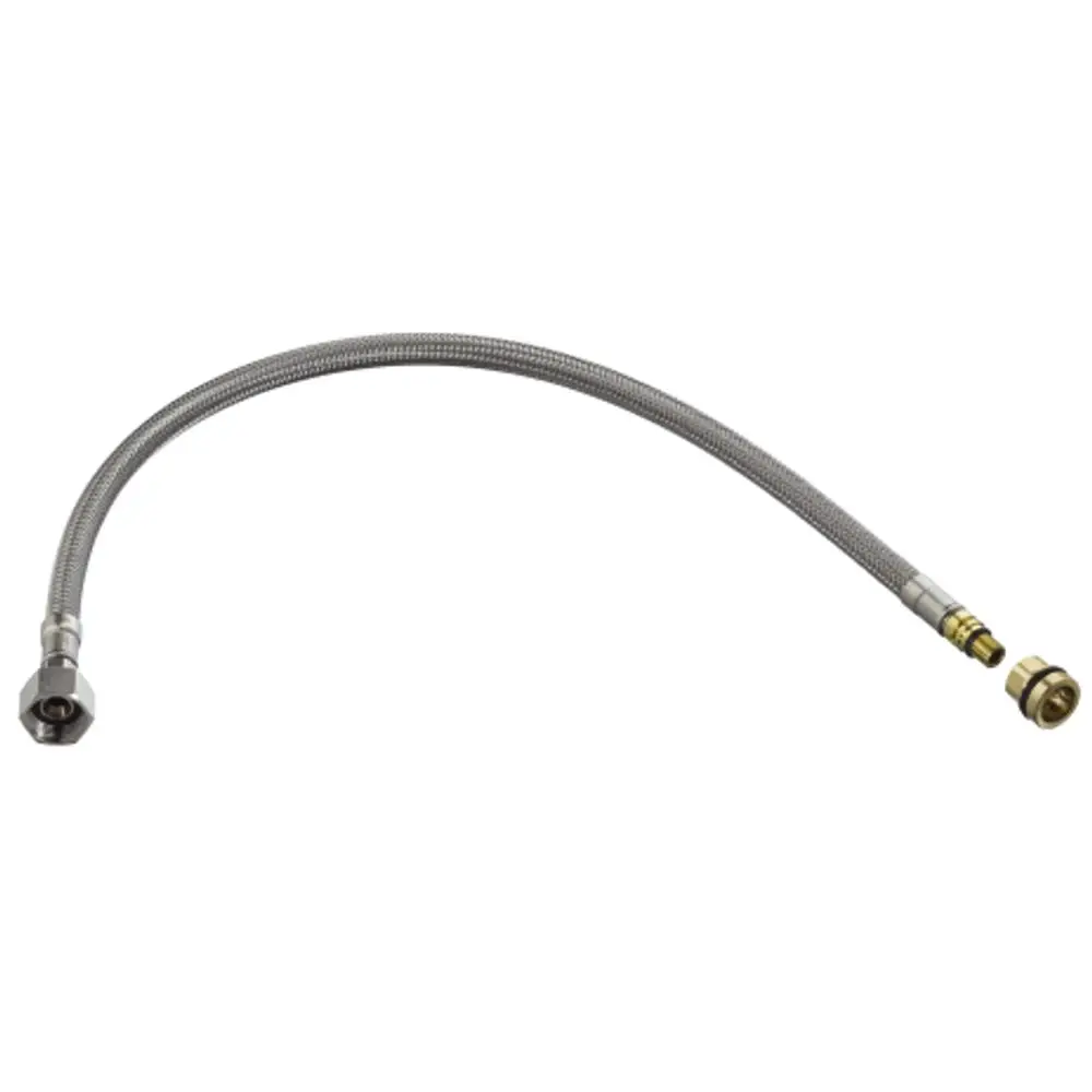 Flexibler Schlauch mit metallener Ummantelung und zwei Anschlüssen, geeignet für Wasserinstallationen, hergestellt von Hansgrohe.